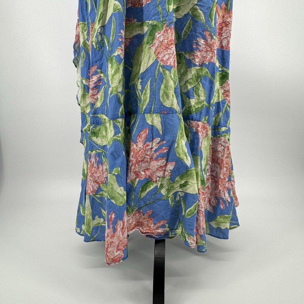 J. McLaughlin Audette Wrap Maxi Dress XL Blue Floral Linen Blend Peony Belted - Picture 7 of 13